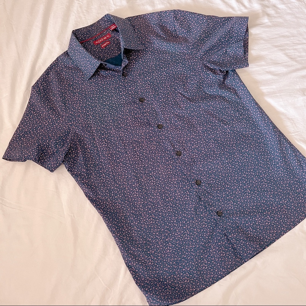 Short Sleeve Blue Dress-shirt with tiny pink flowers
